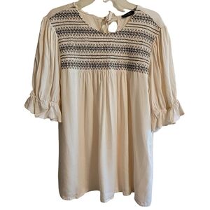 Mikarose Womens Cream Blouse W/ Black Smocked Embroidery & 3/4 Poet Sleeves SZ:S